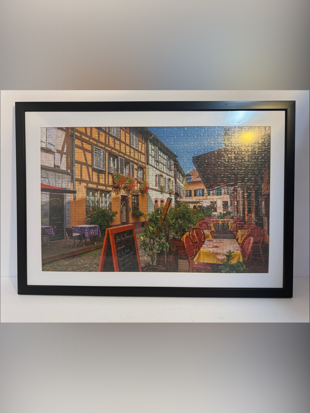 Framed City Street Jigsaw Puzzle Wall Art - Black Frame, Multicolor